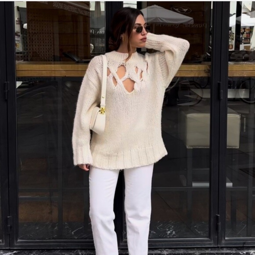 ZARA Ripped open cable knit detail Sweater